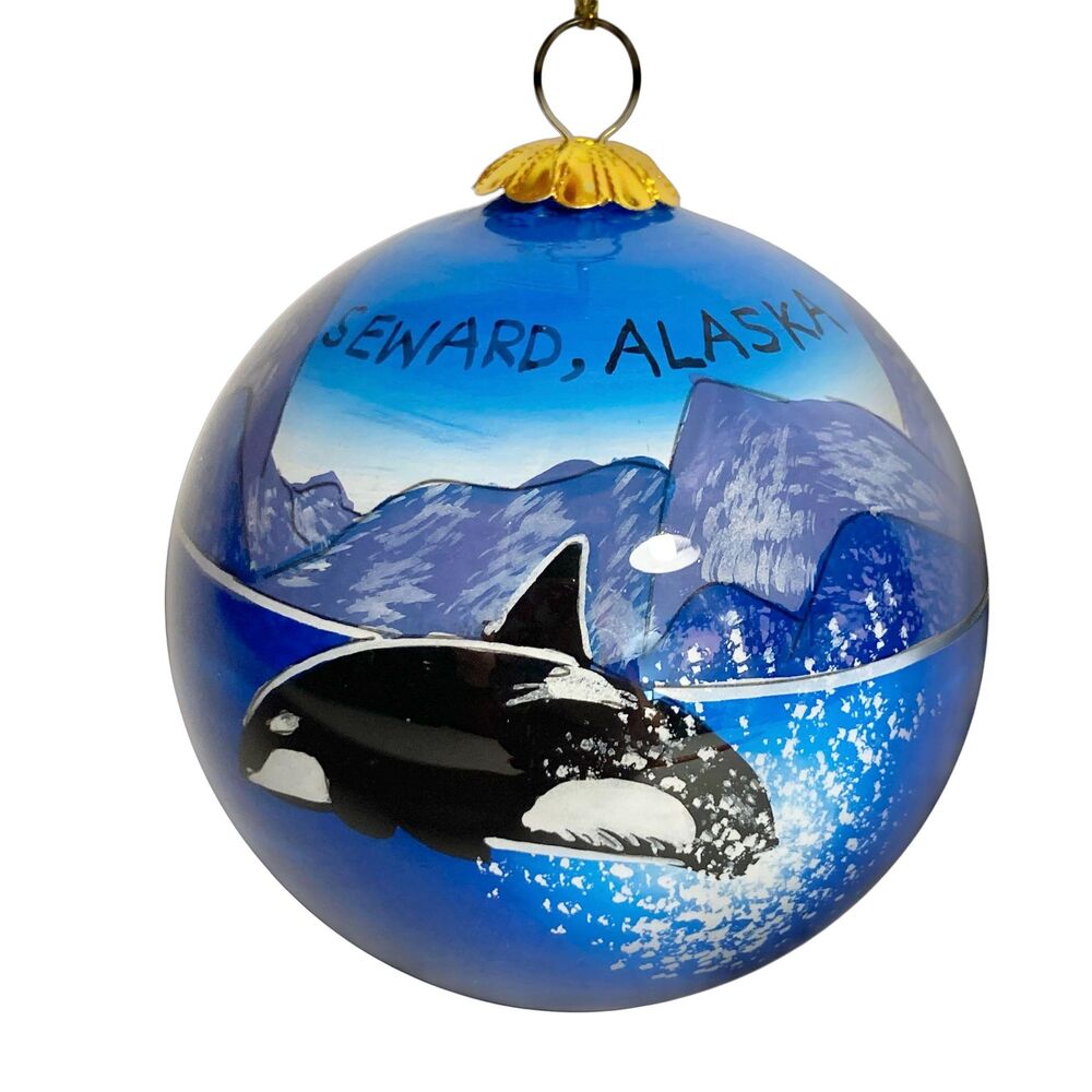 Vintage Orca Whale Christmas Ornament Seward Alaska Glass Ball Inside Painted